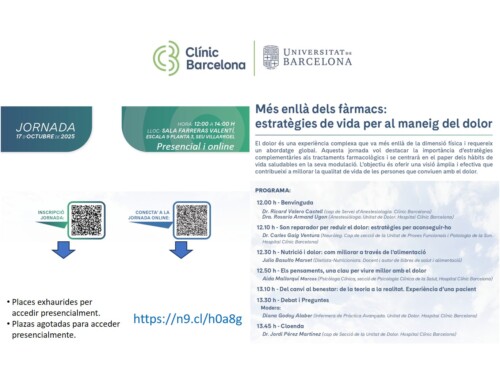 Nutrició i dolor a la jornada «Més enllà dels fàrmacs: estratègies de vida per al maneig del dolor» (Hospital Clínic, Barcelona – Universitat de Barcelona)