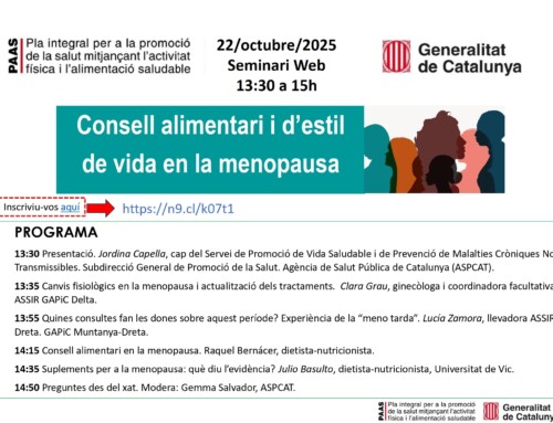 Consell alimentari i d’estil de vida en la menopausa (seminari web), 22/oct/2025, 13:30h